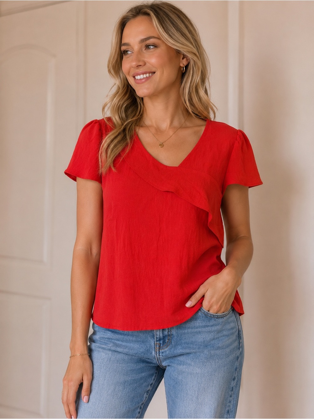 Women’s Red Ruffle V-Neck Short Sleeve Blouse